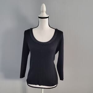 August Silk Knits Silk Blend Beaded Collar Black Sweater M